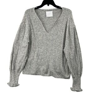 Lucky Brand V-Neck Cable Knit Sweater‎ Size XL Gray Wool Blend Ruffle Cuff